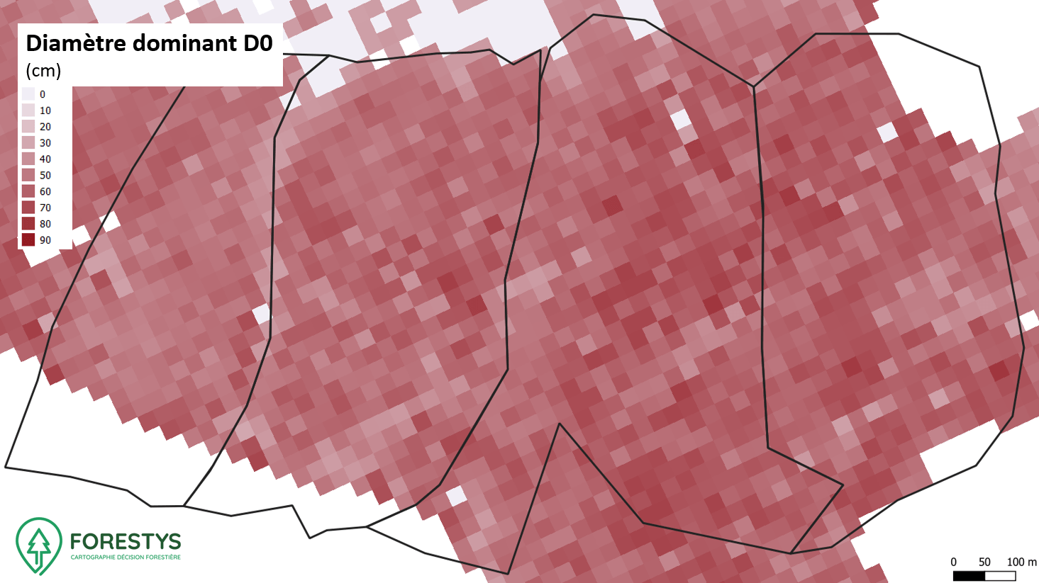 Carte de diamètre dominant. Inventaire spatialisé lidar
