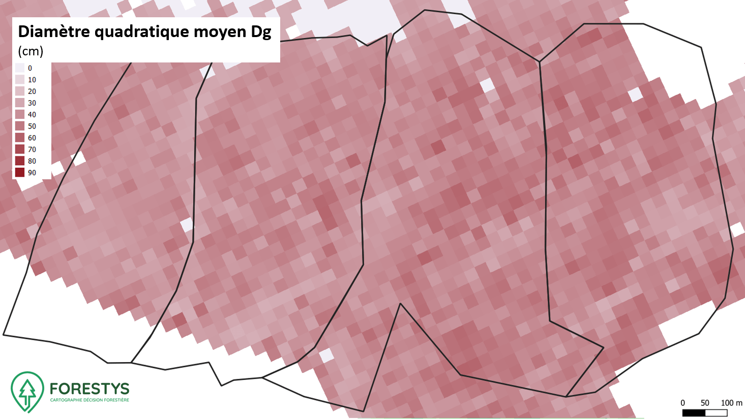 Carte de diamètre quadratique moyen. Inventaire spatialisé lidar