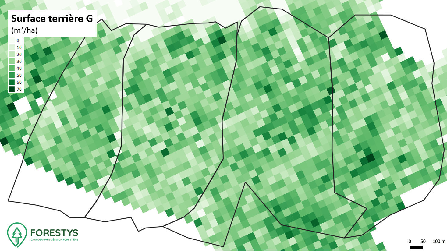 Carte de surface terrière. Inventaire spatialisé lidar