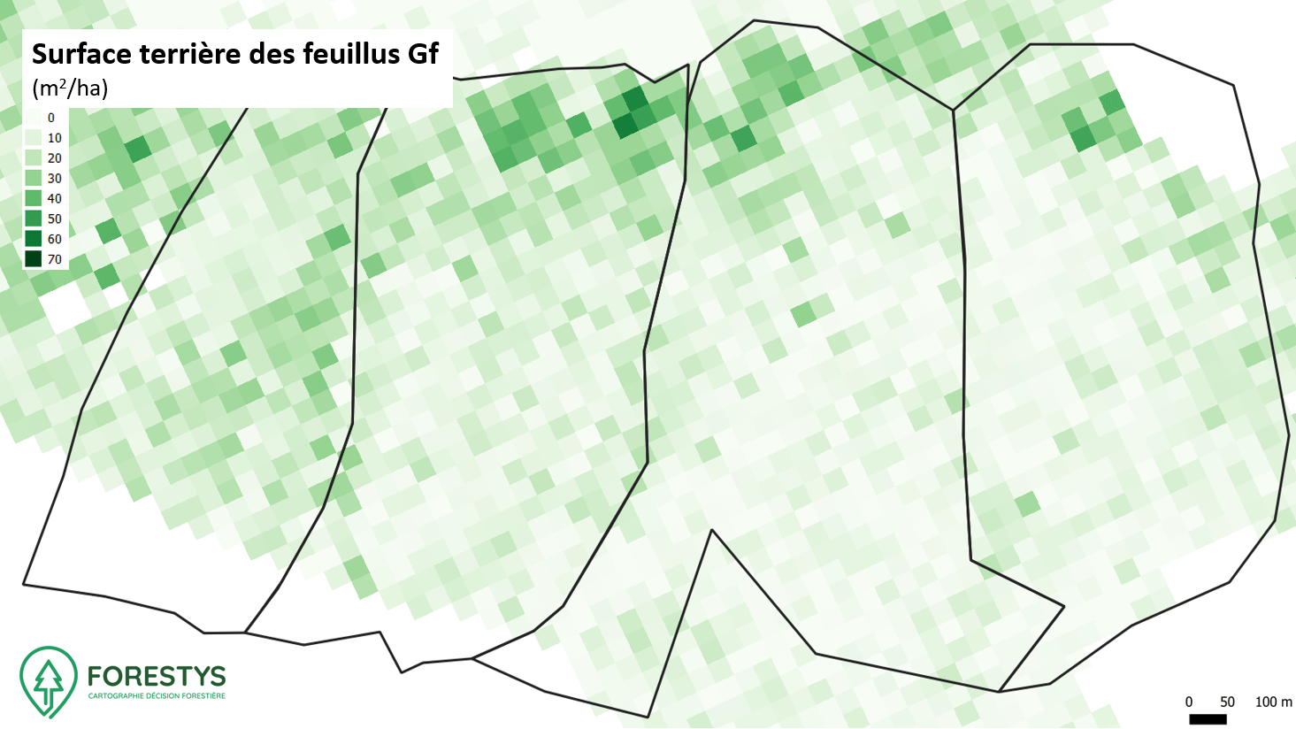 Carte de surface terrière des feuillus. Inventaire spatialisé lidar
