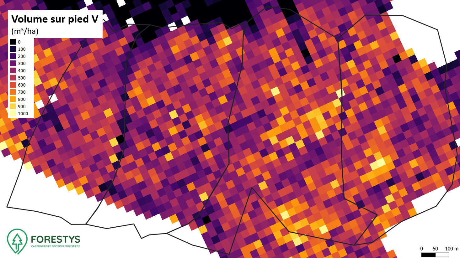 Carte de volume de bois sur pied. Inventaire spatialisé lidar