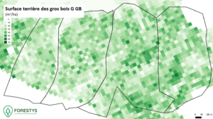 Carte de surface terrière des gros bois. Inventaire spatialisé lidar