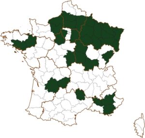 Carte des départements de France distinguant 31 d'entre eux, dans lesquels FORESTYS a déjà réalisé des études. Ils sont situés majoritairement dans la moitié Nord de l'hexagone.